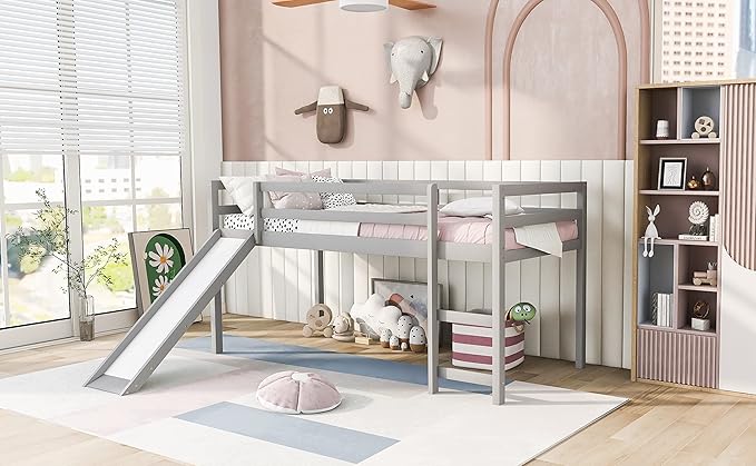 Loft Twin Bed Frame for Boys Girls Kids Toddler with Slide, Multifunctional Design, Twin (Gray)