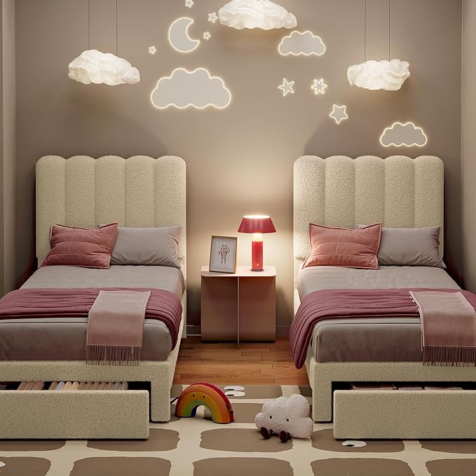 GarveeHome 2 Sets Twin Bed Frame with Under-Bed Drawer, Upholstered Platform Bed with Wave Headboard for Kids/Girls, Wooden Slats Support, No Box Spring Needed, Boucle Beige