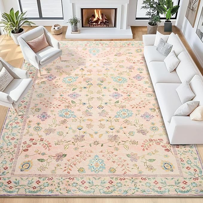 Pink Rugs for Living Room, 8x10 Washable Floral Area Rug for Bedroom, Soft Non Slip Indoor Low Pile Carpet for Kitchen Dining Room, Large Boho Throw Carpets for Nursery Office Dorm Playroom Home Decor