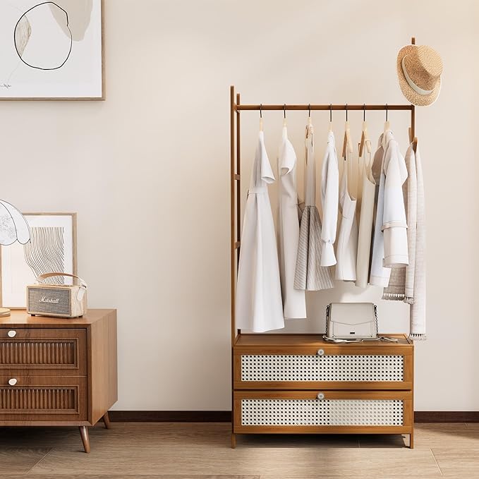 Garment Rack with Drawers,Cute Clothing Rack,Bamboo Clothes Rack,Clothes Rack Hanging,Wardrobe Closet for Entryway Guestroom Kids Bedroom (27.6inch Width Tawny with Rattan Door)