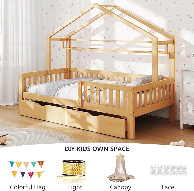 Aoowow Twin Size House Bed with Storage Drawers and Shelf,Kids Wooden Bed Frame Twin Platform Bed with Slats and Fence for Boys Girls Teens for Bedroom(Natural)