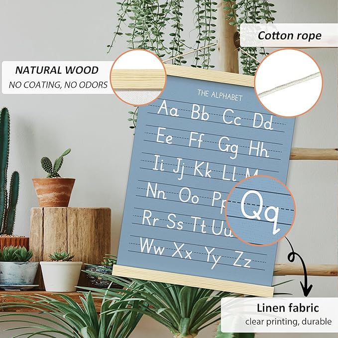BONETAT Numbers alphabet poster for Nursery Toddlers, Play Room Wall Decor,ABC Wall Chart, Wall Hanging Decor for Toddler Playroom Decor Kids Wall Decor, Wooden Frame Alphabet Banner-A07