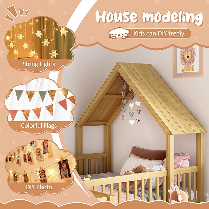 Harper & Bright Designs Full Size House Shaped Double Floor Bed with Door and Full-Length Guardrails, Solid Wood Kids Montessori Floor Bed for Girls Boys, Multi-Function, Natural
