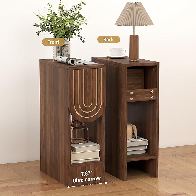 Narrow Nightstands Set of 2, Mid-Century Modern Bedside Table with Carved Drawer and Storage Shelf, Farmhouse Slim Side End Table for Bedroom, Small Space (2, Walnut)