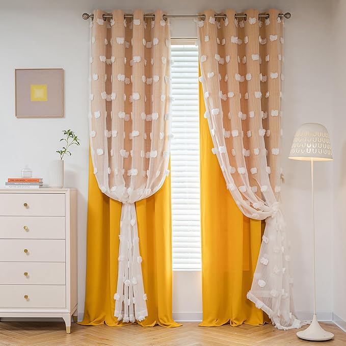 MYSKY HOME Yellow Curtains for Living Room Nursery Curtains 84 Inch Long Double Layer Curtains for Kids Room White Pom Pom Sheer Blackout Grommet Room Darkening Window Curtains 2 Panels Set 52" x 84"