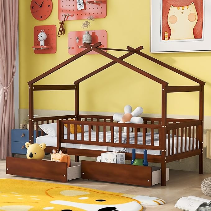 Merax Twin Size Wooden House Bed with Two Drawers, Wood Bed Frame with Roof and Safety Guardrail for Kids, Teens, Boys or Girls, Walnut