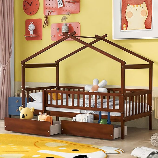 Merax Twin Size Wooden House Bed with Two Drawers, Wood Bed Frame with Roof and Safety Guardrail for Kids, Teens, Boys or Girls, Walnut