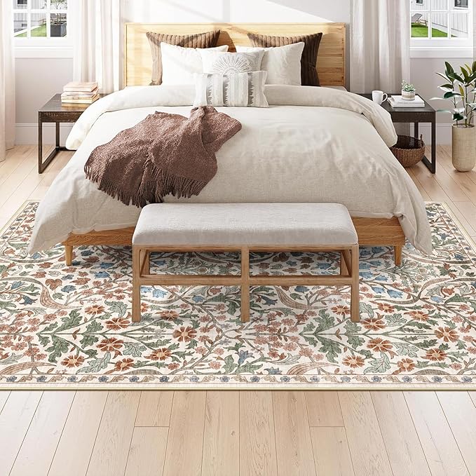 6x9 Washable Area Rug for Living Room, Floral Non-Slip Non-Shedding & Easy Care, Soft Low Pile Botanical Indoor Floor Carpet for Living Room, Bedroom, Farmhouse, Dining Room, Kids Playroom, Beige