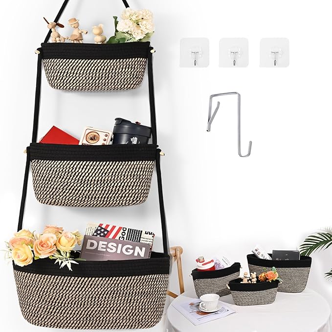Hanging Storage Baskets, 3-Tier Over the Door Basket, Cotton Wall Baskets Storage, Detachable Hanging Door Basket with 4 Hooks, Over the Door Organizer Nursery for Bedroom, Living Room, Bathroom Wall
