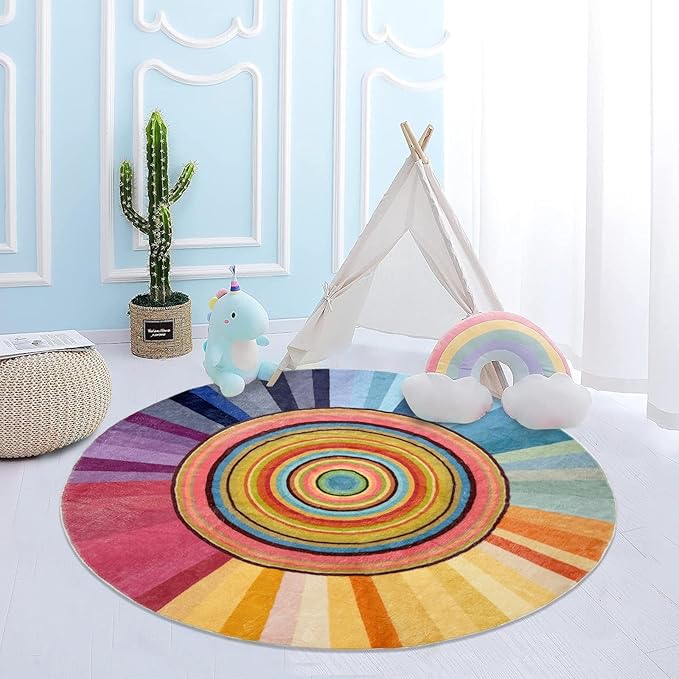 Kids Rug Circle Sun Rug 4Ft Round Modern Abstract Girls Bedroom Carpet Round Rainbow Nursery Mat Playroom Bedside Area Rug for Children Cartoon Crawling Mat for Home Decor