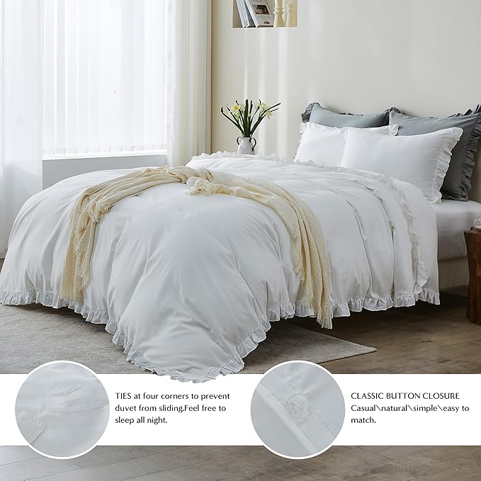 Simple&Opulence Kids 100% Organic Cotton Full Duvet Cover Ruffle 3Pcs(1 Comforter Cover 2 Pillowcases) Cute Lace Vintage Boho Shabby Chic Farmhouse Bedding Set Teen Girls(White, Full)