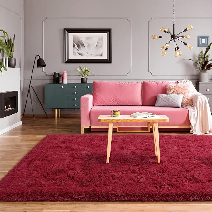 BENRON Fluffy Rugs for Living Room 6x9 Wine Red, Washable Large Area Rugs for Bedroom Dining Table Office Kids Nursery Room, Washable Indoor Floor Carpets