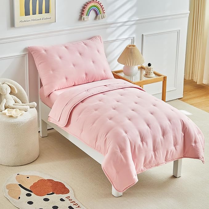 DuShow 4 Piece Toddler Bedding Set for Girls,Embroidery Crib Bed Comforter Set,Includes Toddler Bed Comforter,Fitted Sheet,Flat Sheet and Envelope Pillowcase,Soft Toddler Bed Sheet Set-Pink