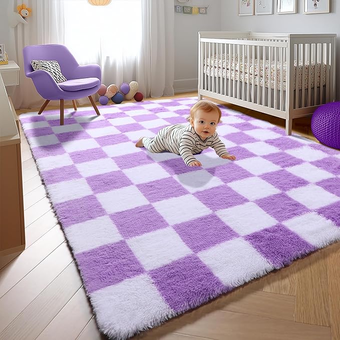 KICMOR Purple Rugs for Bedroom Living Room, Fluffy Soft Checkered 4x6 Area Rug Fuzzy Shag Shaggy Carpet, Indoor Plush Bedside Floor Rugs for Kids Girls Boys Teen Dorm Nursery Home Decor Aesthetic