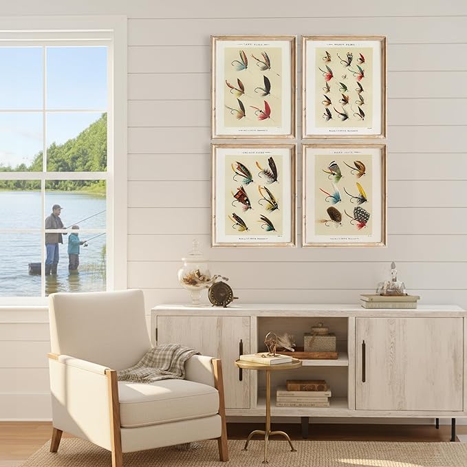 DREAM BIG PRINTABLES Vintage Fly Fishing Art Prints (Set of 4) - Unframed - 11x14 | Great Gift for Fisherman - Reproductions of Vintage Fishing Lure Drawings - Rustic Decor