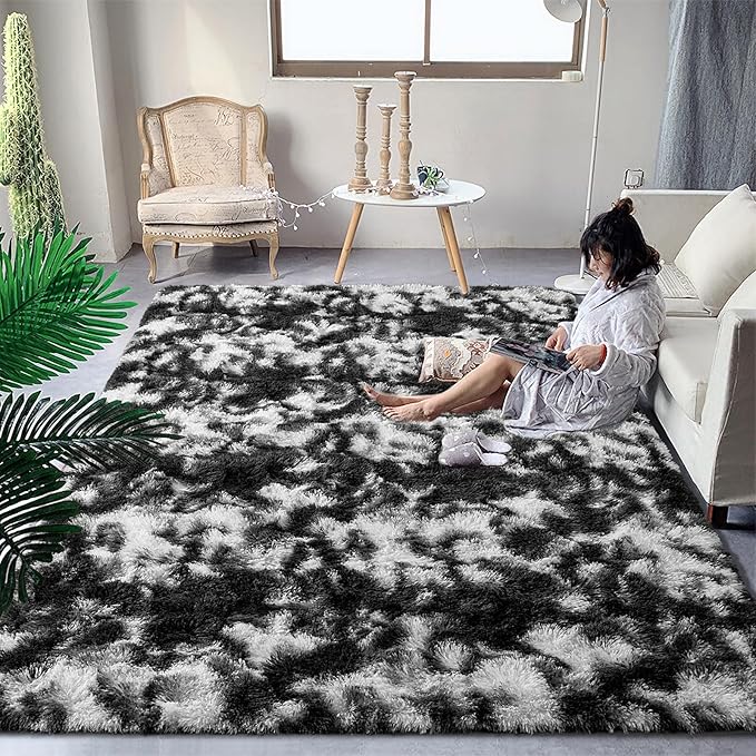 DweIke Fluffy Black White Shag Rugs for Bedroom Living Room, 8x10 Large Soft Plush Tie-Dyed Cow Girls Boys Kids Rug, Non-Slip and Machine Washable Carpet for Dorm Nursery Classroom Decor