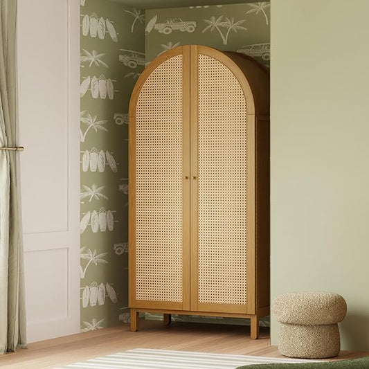Babyletto Bondi Cane Armoire Wardrobe Closet with Doors | Modern Pre-Assembled Spacious Wooden Wardrobe Cabinet w/ 4 Storage Shelves | Wood Closets for Bedroom & Nursery - Honey