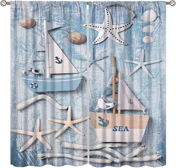 Nautical Curtain,Navy Anchor Sailing Map Starfish Seashells Bedroom Curtain,Waterproof Washable Fabric for Bedroom Decor Set 2 Panels,42x45 Inches