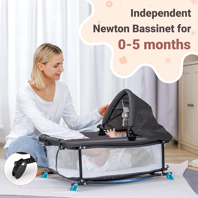 ELEMARA 5 in 1 Pack and Play, Adjustable Baby Bedside Bassinet Sleeper,1-Second Setup Foldable Playard from Newborn to Toddles,Bedside Crib with Changing Table,Portable Travel Bassinet,Ziper Door,Gray