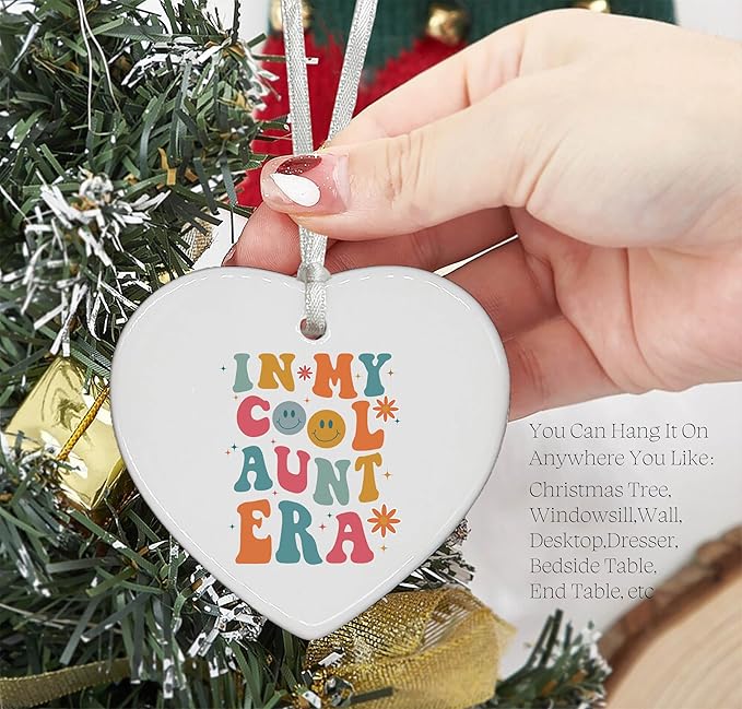 Heart Shaped Christmas Ornament-Cool Aunt Era Gift-Best Aunt Ever Keepsake for Niece Nephew-Birthday or Baby Announcement Present for New Auntie to Be-Promoted to Auntie Ceramic Ornament