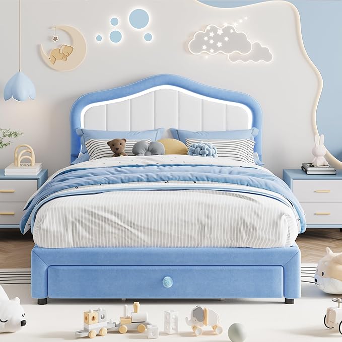 GarveeHome Upholstered Full Size Bed Frame with Led Lights and Storage Drawer, Cute Velvet Led Bed Frame with Headboard for Kids, Girls, Boys, No Box Spring Needed, Wooden Slats, Noise Free, Blue