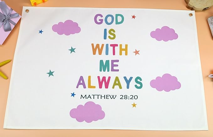 Christian Bible Verse Scripture Rectangular Banner Flag Wall Sign Decor Gift for Baby Girls-Nursery Baby Room Bedroom Decor-Baby,Shower Birthday Christmas Gift-God Is with Me Always