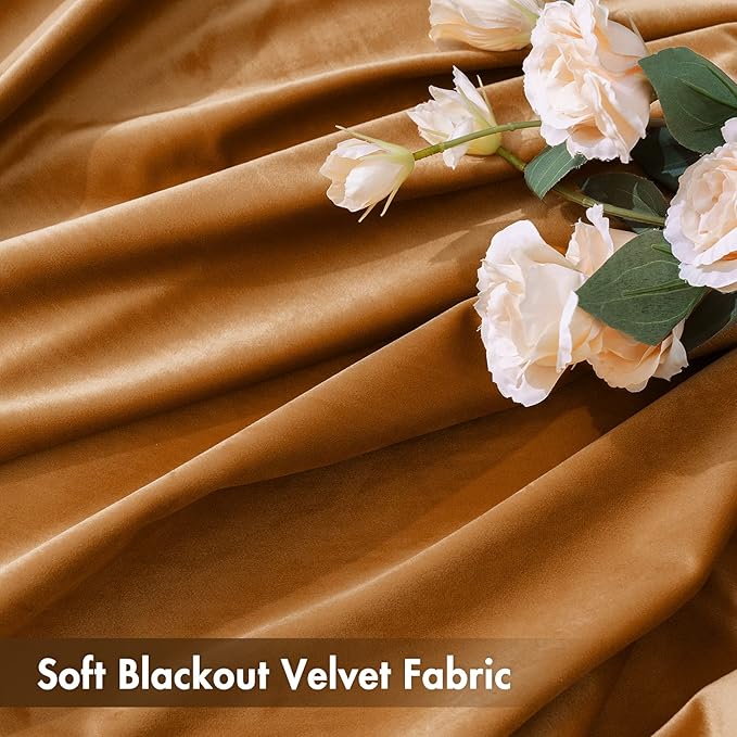 MIULEE Gold Brown Velvet Curtains Thermal Insulated Blackout Curtain Fall Drapes for Bedroom Living Room Darkening 96 Inches Long Curtains Panels Rod Pocket Set of 2