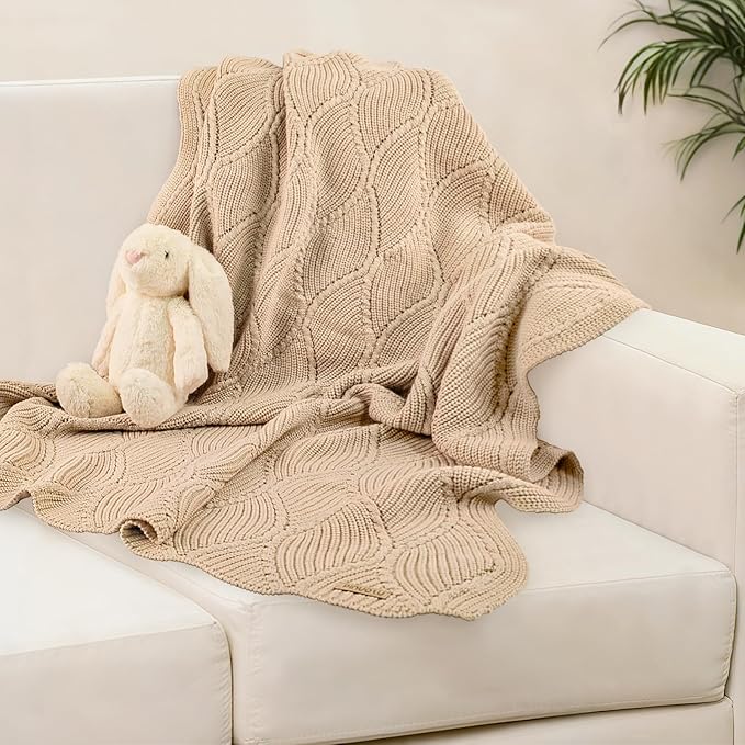 Thick Cotton Knit Baby Blanket 40x31 Inches – Soft Breathable Newborn Blanket for Boys & Girls, Wavy Pattern Receiving Blanket for Crib, Stroller, or Nursery, Gift Box for Baby Shower(Beige)