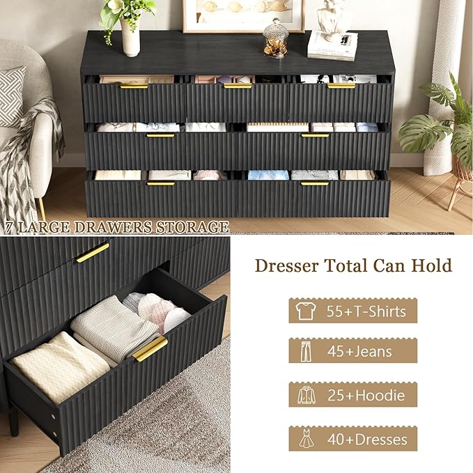 CARPETNAL Fluted 7 Drawer Dresser for Bedroom, 55" Wide Wooden Chest of Drawers with Rounded Corners, Gold Handles, Modern Storage Organizer for Bedroom, Hallway(Black)