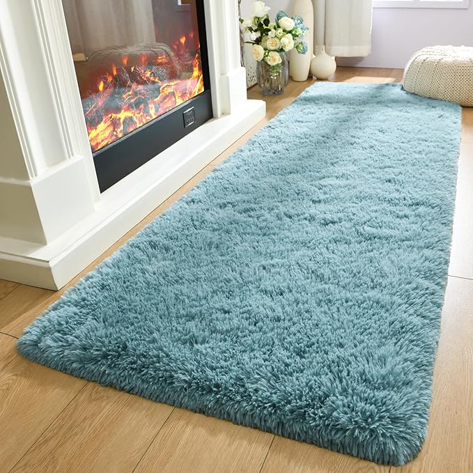 Merelax Soft Fluffy Rugs for Bedroom Living Room, 2x6 Hallway Runner Rugs, Furry Shag Bedside Area Rug Indoor Accent Floor Carpet, Plush Fuzzy Rug for Dorm Nursery Kids Room Decor, Turquoise Green