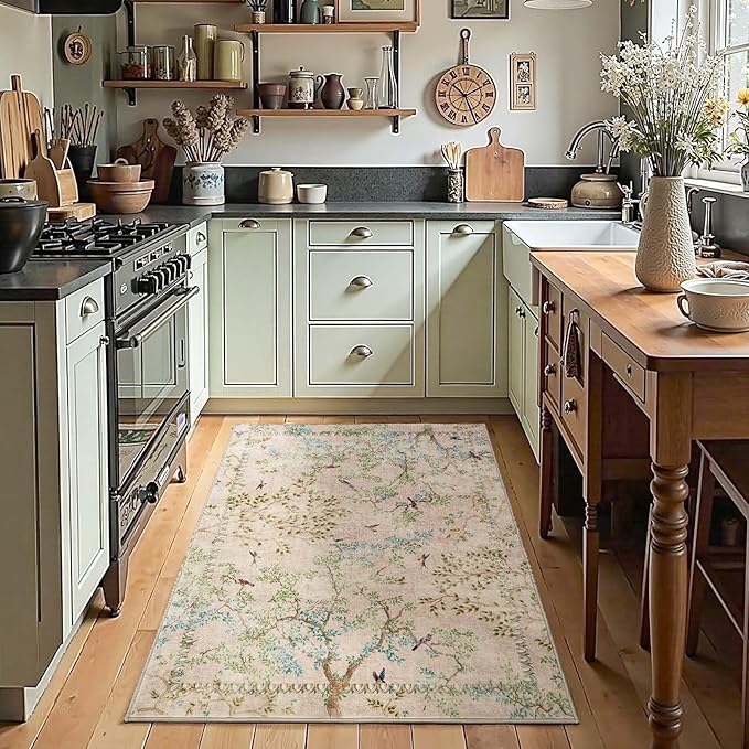 jinchan Yarden Botanical Birds 3x5 Beige Area Rugs for Entryway Washable Non Slip Soft Nature Plants Modern Kids Room Carpet Vintage Ultra Thin Low Pile Rug for Living Room Kitchen Bathroom Front Door