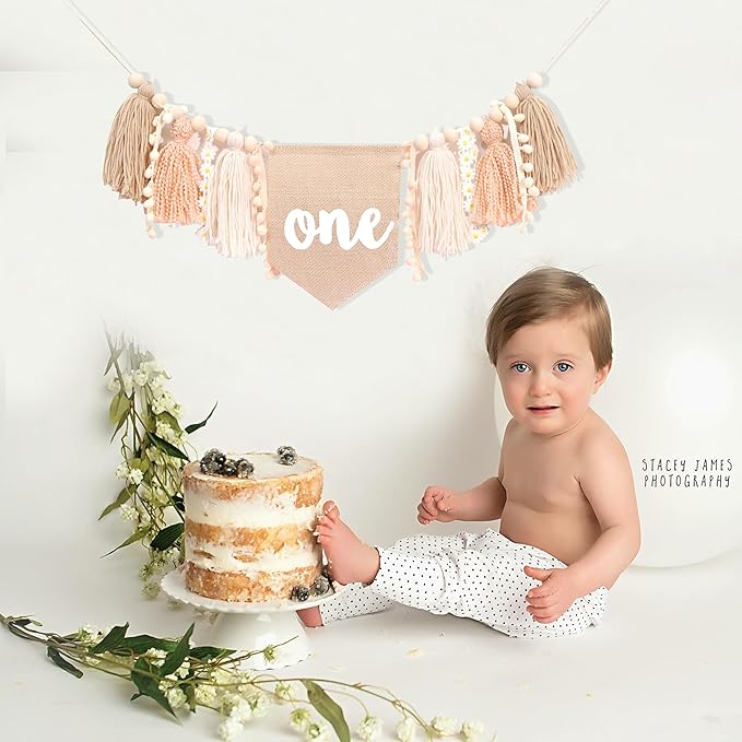 Yarn Tassel One High Chair Banner -Daisy Baby First Birthday Decorations,Cake Smash Shabby Chic Banner Photo Props,Vintage 1st Birthday Highchair Bunting,Holiday Home Wall Hanging Decorations.