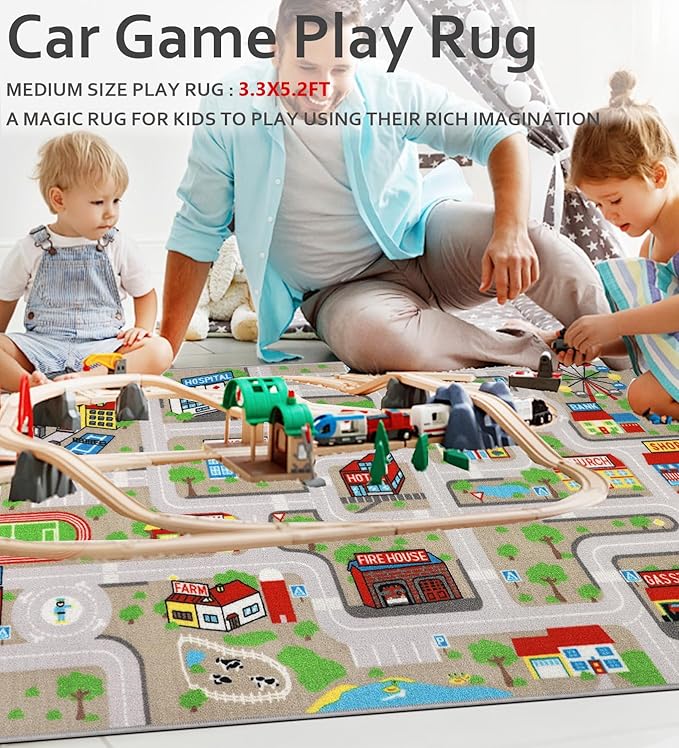 Kids Carpet Playmat Rug 5'0''x6'6'', Kids Rugs for Bedroom, Non-Slip Town City Road Map Car Rugs for Kids Toy Cars, Track Carpet Play Rug for Playroom Classroom Decor (Tan)