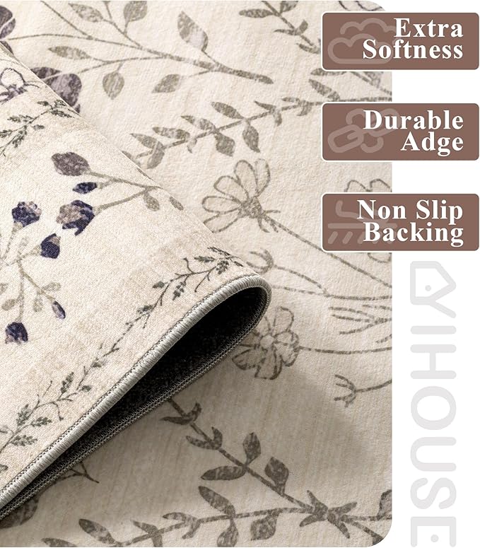 YIHOUSE 5x7 Washable Rug for Bedroom, Beige Floral Rugs for Living Room Non Slip Ultra-Thin Large Boho Rug for Kids Playroom, Classroom, Girls Dorm, Nursery, Beige Multi