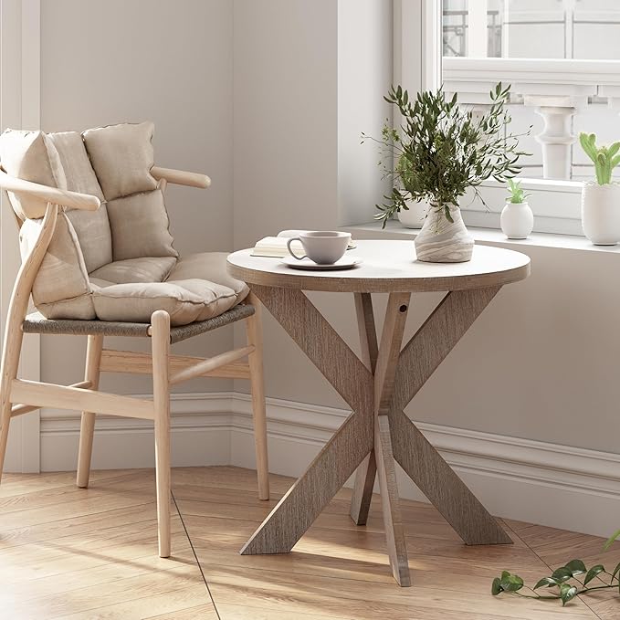 Set of 2 Farmhouse Cross Leg end Table, French Country Accent Side Table for Family, Dinning or Living Room, Small Spaces, Modern, Round, Vintage Grey Finish. (2 Pack)