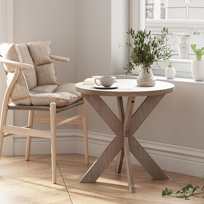 Farmhouse Cross Leg end Table, French Country Accent Side Table for Family, Dinning or Living Room, Small Spaces, Modern, Round, Vintage Grey Finish.
