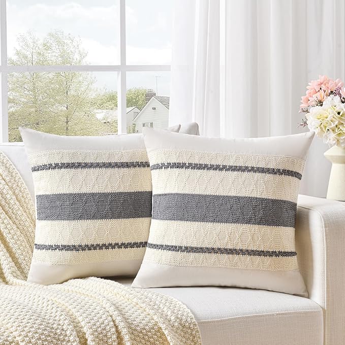 Fancy Homi Set of 2 Neutral Grey Farmhouse Decorative Throw Pillow Covers 18x18 Inch for Couch Bed Chair Indoors, Vintage Country Rustic Retro Room Decor, Soft Thick Cotton Handmade Woven Cushion Case