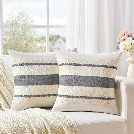 Fancy Homi Set of 2 Neutral Grey Farmhouse Decorative Throw Pillow Covers 18x18 Inch for Couch Bed Chair Indoors, Vintage Country Rustic Retro Room Decor, Soft Thick Cotton Handmade Woven Cushion Case