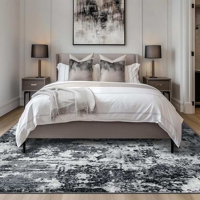 Washable Area Rugs 9'x12' Non-Slip Modern Abstract Soft for Living Room Entryway Bedroom Nursery, Print Pattern, Black Gray