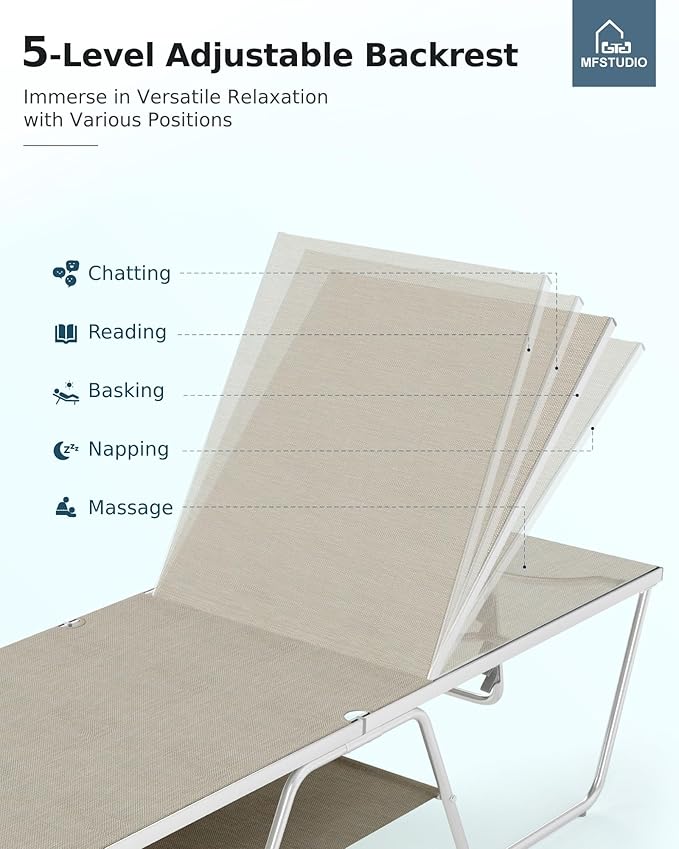 MFSTUDIO Outdoor Chaise Lounge Chair, Recliner Lounger Chair with 5 Adjustable Positions, Patio Tanning Lounger Chair for Poolside, Textilene, Patio Lounge Furniture