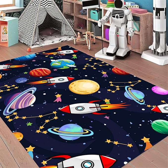 Outer Space Themed Rug,6x8ft,with Cartoon Planets,Stars and Rocket Design Rugs, Suitable for Playroom Bedroom Printed Rug, Non-Slip Machine Washable Carpet, Children's Room Decor