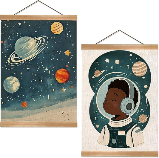 ZTGDA Solar System & Astronaut Wall Art Set of 2, Space Poster with Wood Hanger, Universe Theme Kids Room Decor for Boys and Girls, Classroom or Nursery Wall Display, 12x16 Inch(Space travel-01)