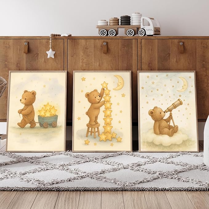 3Pcs Bear Nursery Wall Art Cute Teddy Bear with Stars and Moon Poster Animals Playing with Stars and Telescope Neutral Baby Room Decor Dreamy Prints for Kids and Babies Bedroom 8x10in Unframed