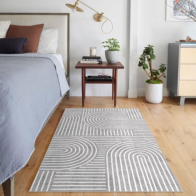 3x5 Washable Area Rug - Small Entryway Rug Non-Slip Grey Abstract Rainbow Kitchen Rugs Modern Boho Carpet Throw Rugs for Living Room Bedroom Bathroom Dorm Nursery Room Home Decor