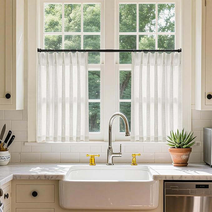 Cream Linen Cafe Curtains 24 Inch Length Pinch Pleated 2 Panels Set Farmhouse Short Kitchen Window Curtains Light Filtering Semi Sheer Pinch Pleat Back Tab Small Window Drapes for Bathroom Camper RV