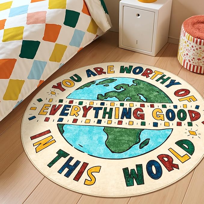 jinchan 5ft Round Rug Washable Fun Rug You are Worthy Playroom Mat Non Slip Cheerful Circle Cool Floor Cover Soft Cozy Low-Profile Emotional Support Throw Carpet for Kids Gift Teens Entryway Bedroom