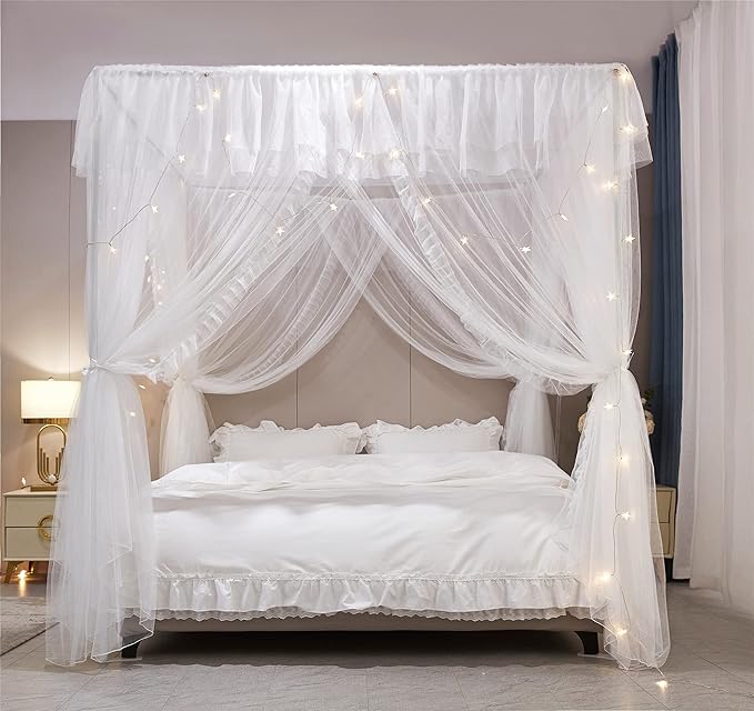 VETHIN 4 Corners Post Ruffle Princess Bed Canopy Curtain-Double Layer Cozy Drape Netting 4 Opening Mosquito Net for Girls Adults Bedroom Decoration (White/White, 78" W*86" L*82"*H/(King))