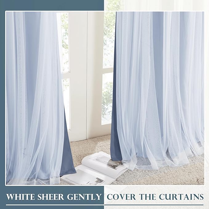 PONY DANCE Blue Haze Curtains Blackout - Room Darkening Curtains with Sheer Overlay Elegance Drapery Layered Drapes Mix and Match for Living Room/Kids Bedroom (Set of 2, 52x72 inch)