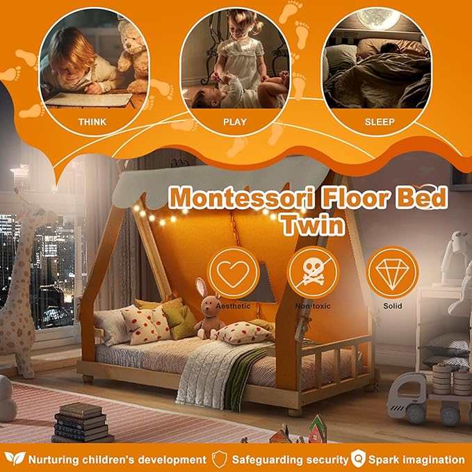 Twin House Bed for Kids with Light and Tent, Montessori Floor Bed Twin for Kids Girls Boys Teens Bedroom, Brown