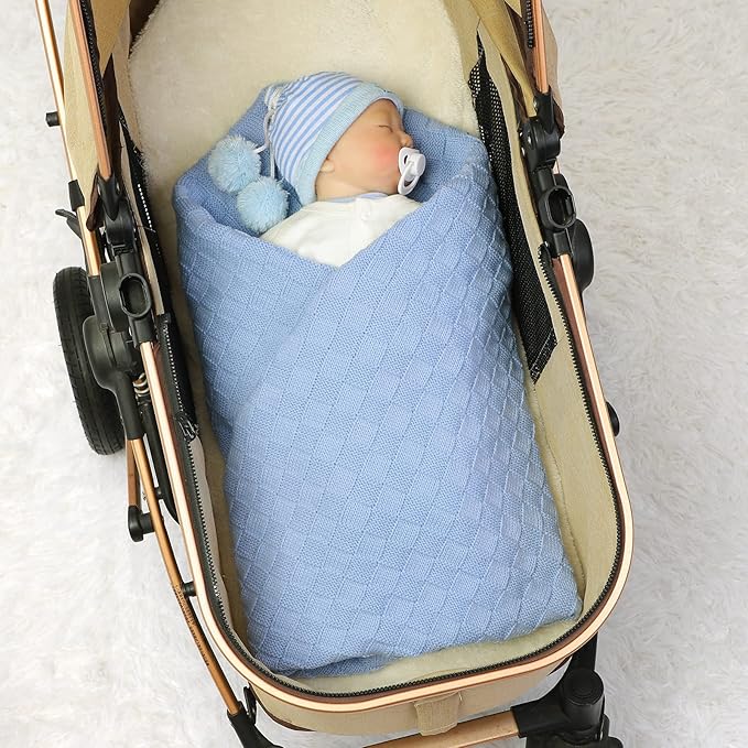 LAWKUL Baby Blanket Blue Cable Babe Blanket Checkered Knit Newborn Infants Soft Airy Receiving Swaddle Neutral Unisex 40"x30"
